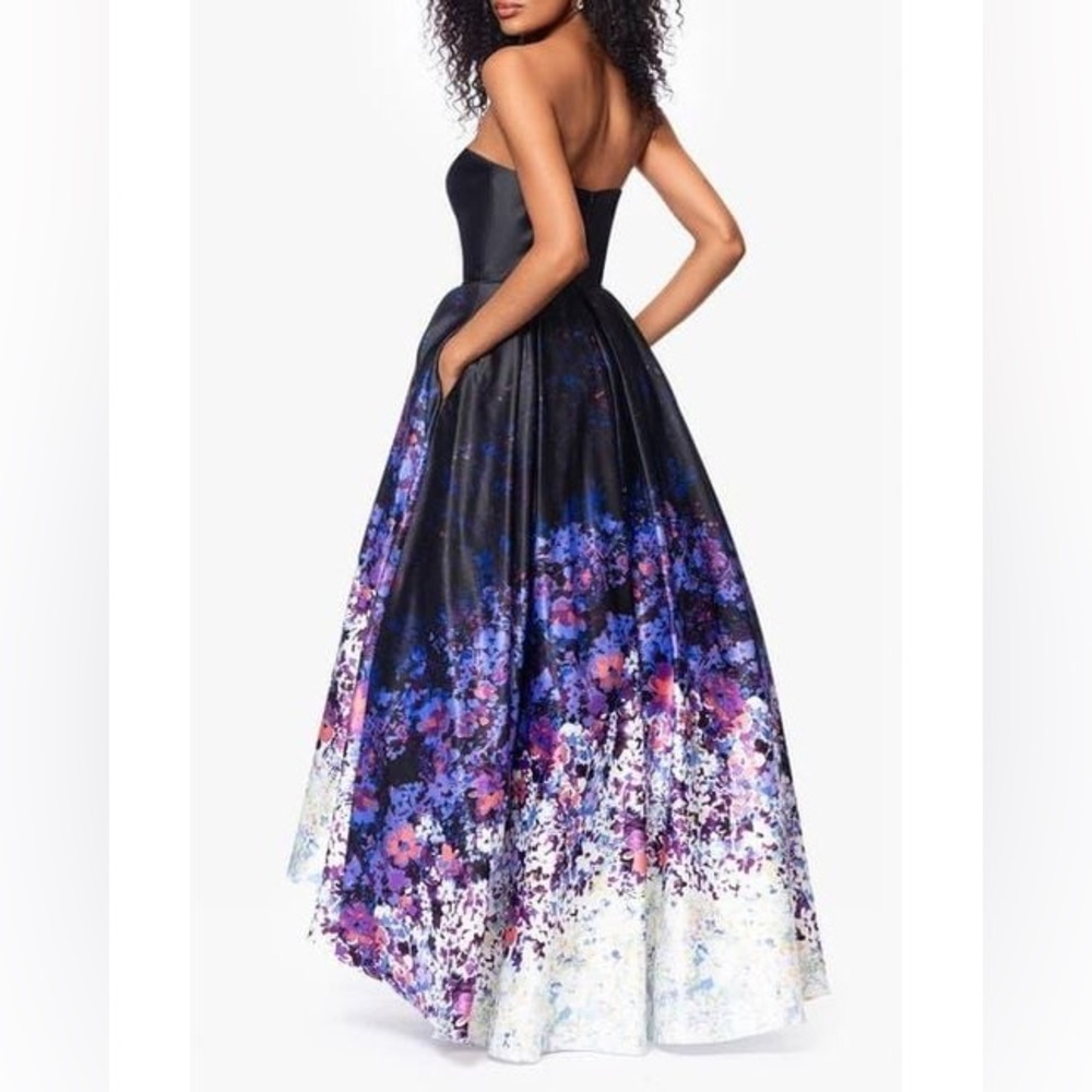Betsy & Adam Purple Ombré Floral Strapless High Low Ball Gown - Picture 2 of 5